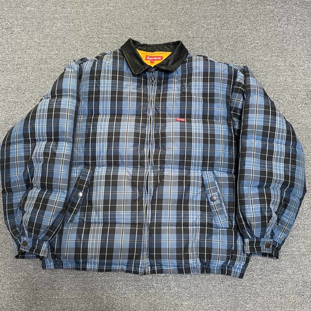 Supreme leather collar unisex check down jacket 19fw